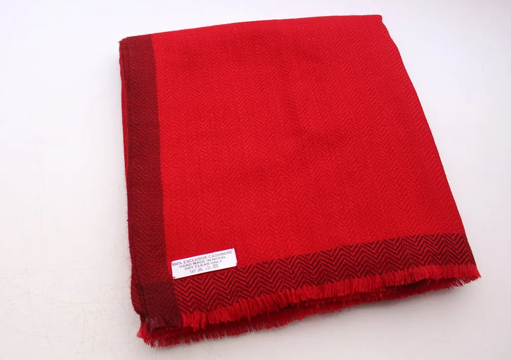 100 % Exclusive Red Cashmere Shawl with Border Herringbone Pattern