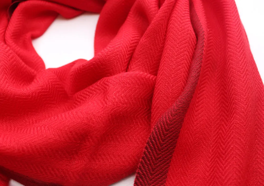 100 % Exclusive Red Cashmere Shawl with Border Herringbone Pattern