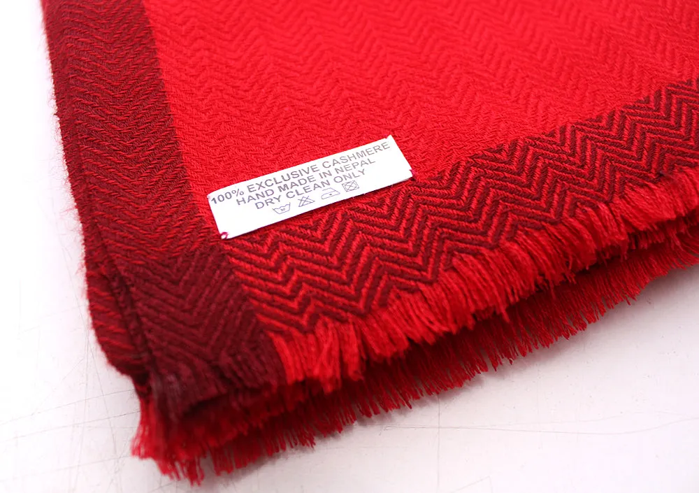 100 % Exclusive Red Cashmere Shawl with Border Herringbone Pattern