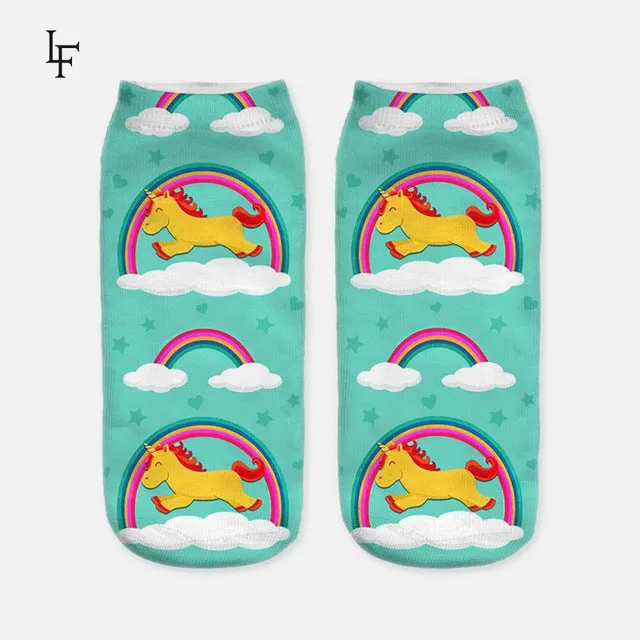 2017 Harajuku 3D Print Unicorn Socks Women Kawaii Ankle Licorne Chaussette Femme Calcetines Mujer Cute  Emoji Art Socks ws66