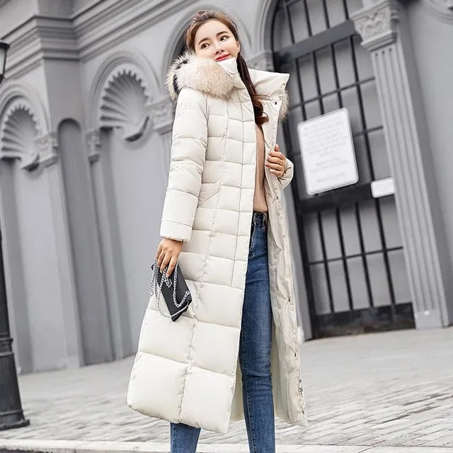2XL Winter Long Cotton Parka  w/ Striped Fur Hood Snow Coat Plus Size Women