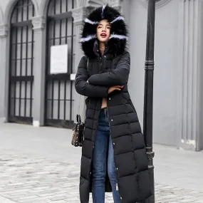 2XL Winter Long Cotton Parka  w/ Striped Fur Hood Snow Coat Plus Size Women