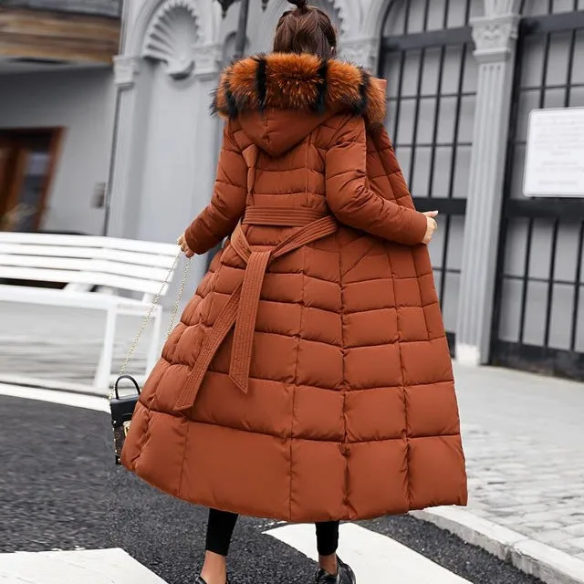 2XL Winter Long Cotton Parka  w/ Striped Fur Hood Snow Coat Plus Size Women