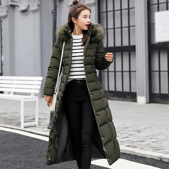 2XL Winter Long Cotton Parka  w/ Striped Fur Hood Snow Coat Plus Size Women