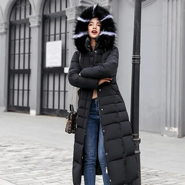 2XL Winter Long Cotton Parka  w/ Striped Fur Hood Snow Coat Plus Size Women