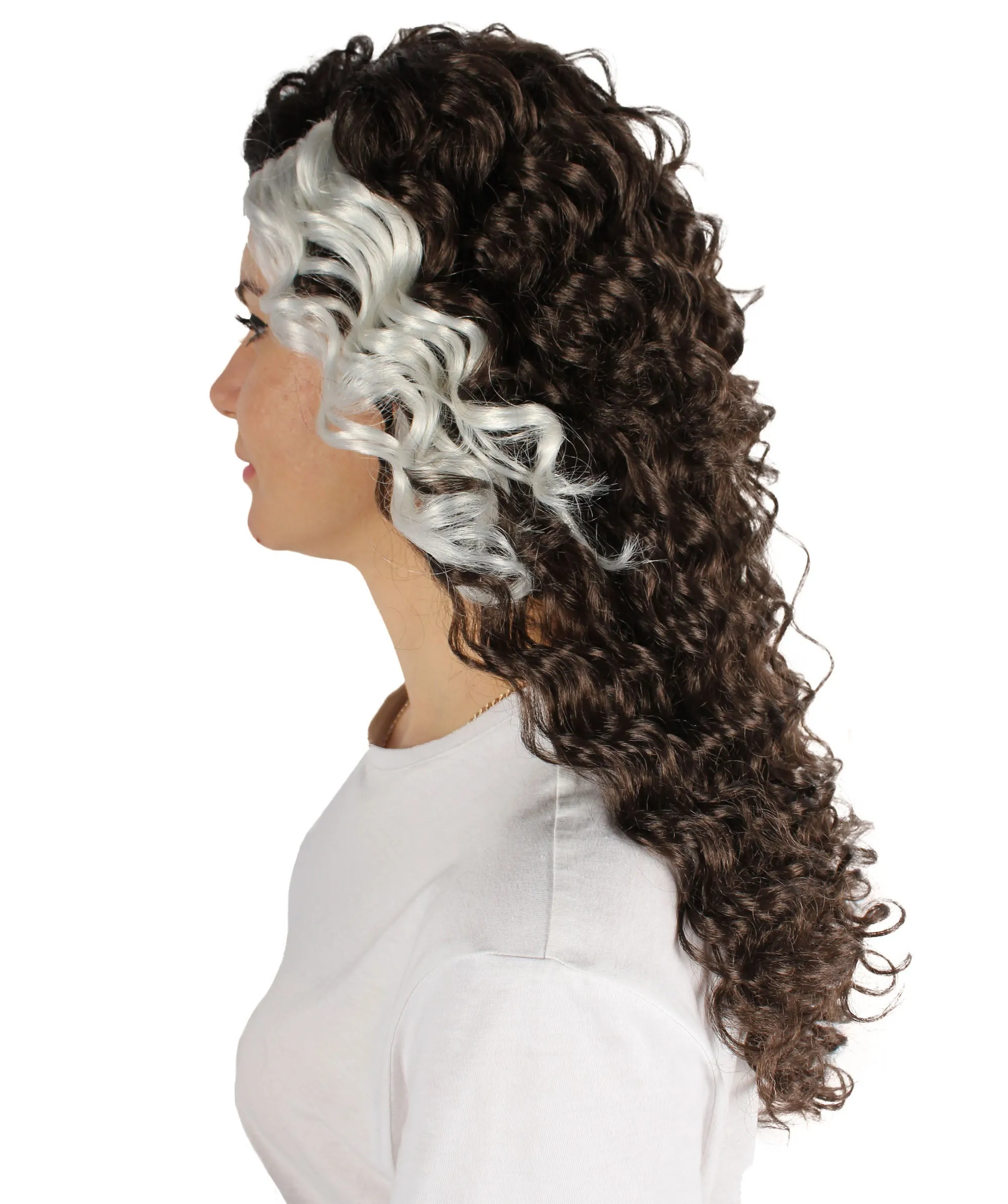 Adult Women's Long Brown White Fluffy Curly Wavy Wig, Best for Halloween, Flame-retardant Syntheic Fiber