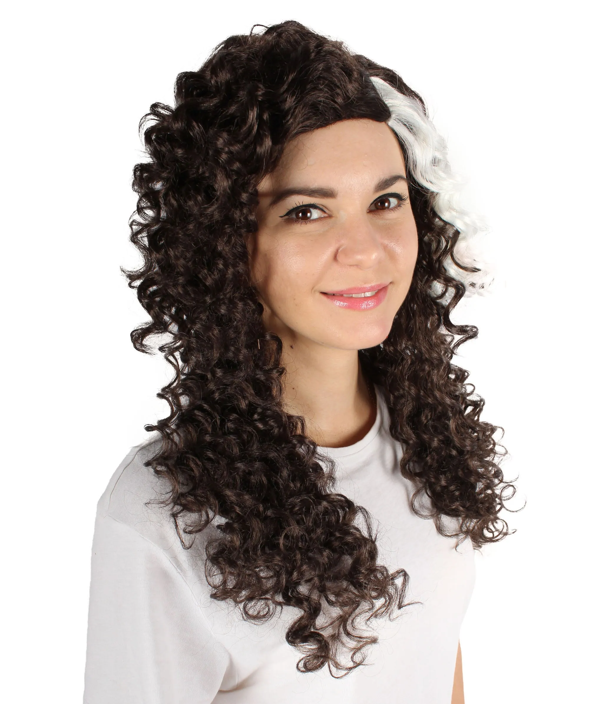 Adult Women's Long Brown White Fluffy Curly Wavy Wig, Best for Halloween, Flame-retardant Syntheic Fiber