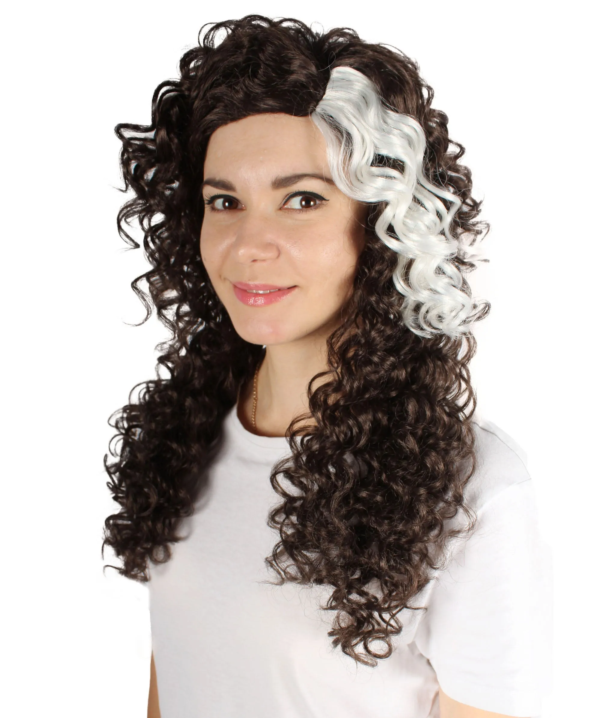 Adult Women's Long Brown White Fluffy Curly Wavy Wig, Best for Halloween, Flame-retardant Syntheic Fiber