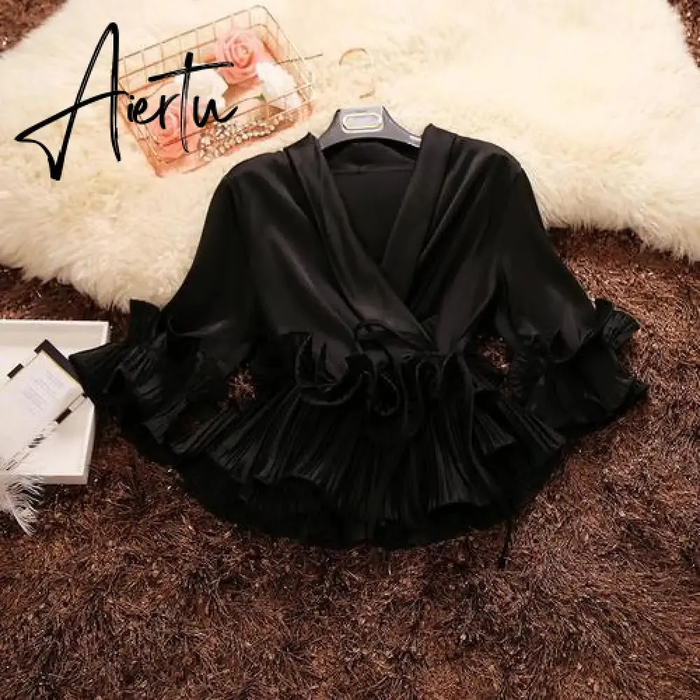 Aiertu Spring and Summer New Female Deep V-neck Ruffles Lace Up Stain Shirt Women's Three Quarter Sleeve Shirts Women Blouses