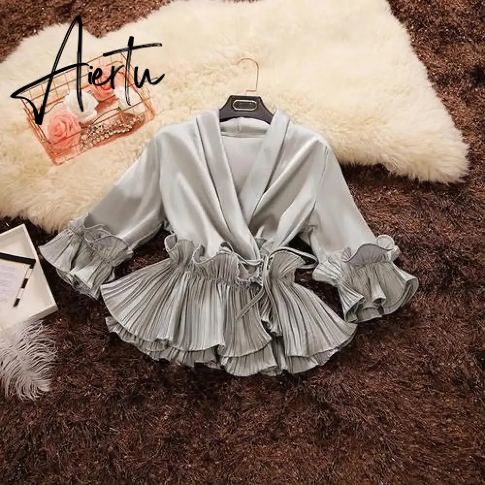 Aiertu Spring and Summer New Female Deep V-neck Ruffles Lace Up Stain Shirt Women's Three Quarter Sleeve Shirts Women Blouses