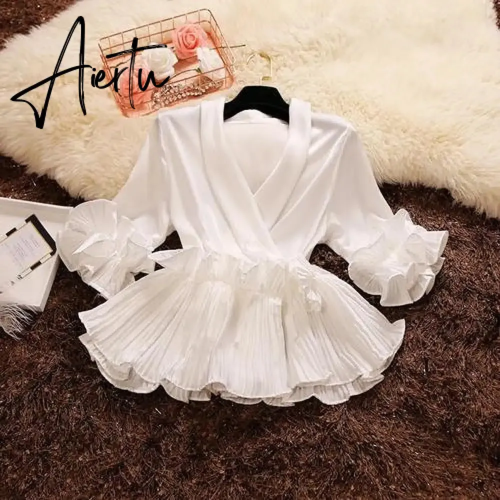 Aiertu Spring and Summer New Female Deep V-neck Ruffles Lace Up Stain Shirt Women's Three Quarter Sleeve Shirts Women Blouses