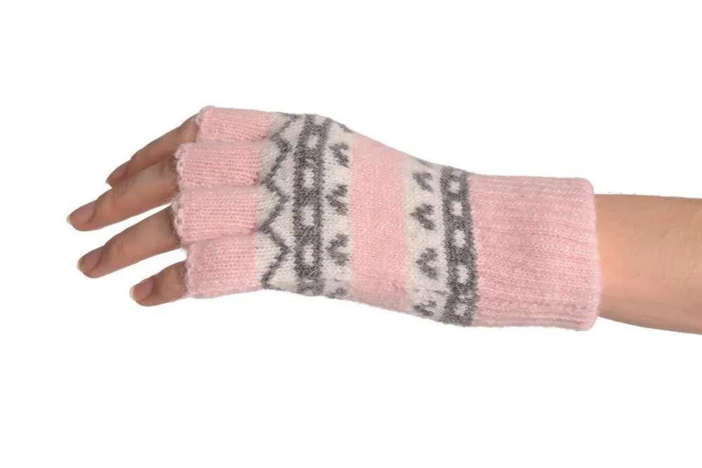 Angora Pink Fair Isle Knitted Fingerless Gloves