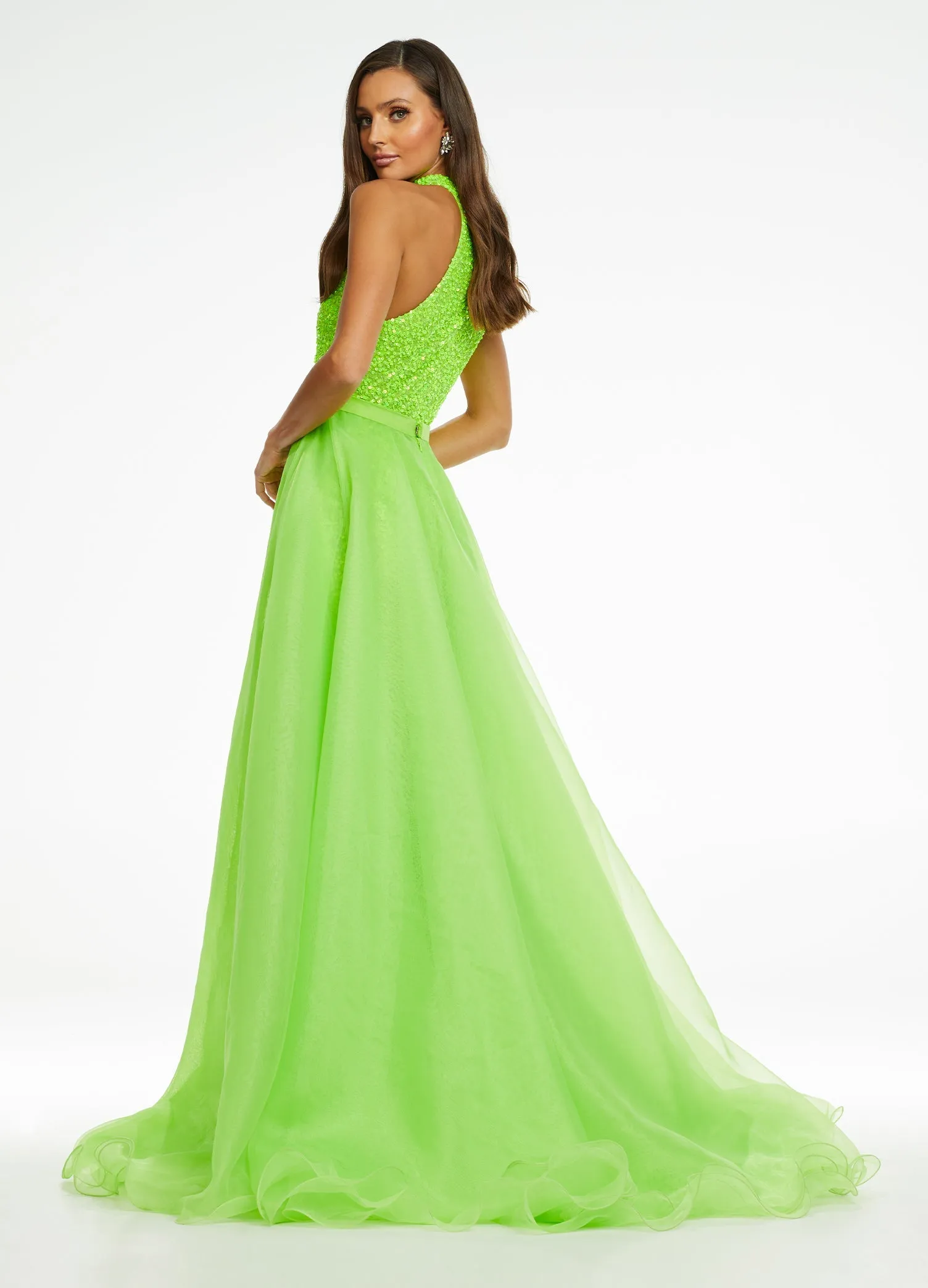 Ashley Lauren 1740 Size 2, 6 Jade Long Organza Overskirt Wire Hem Pageant Prom Layers