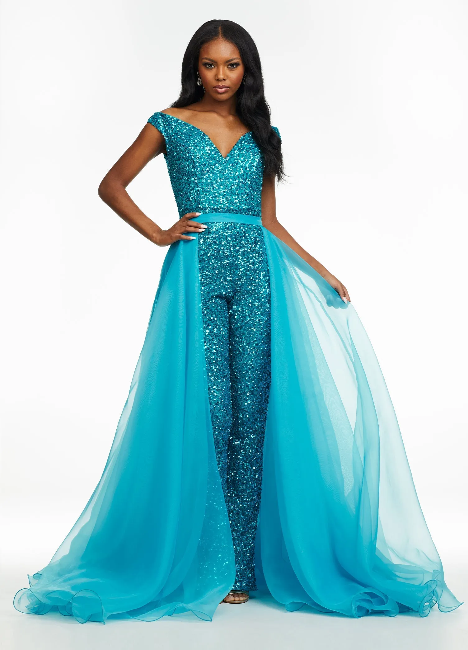 Ashley Lauren 1740 Size 2, 6 Jade Long Organza Overskirt Wire Hem Pageant Prom Layers