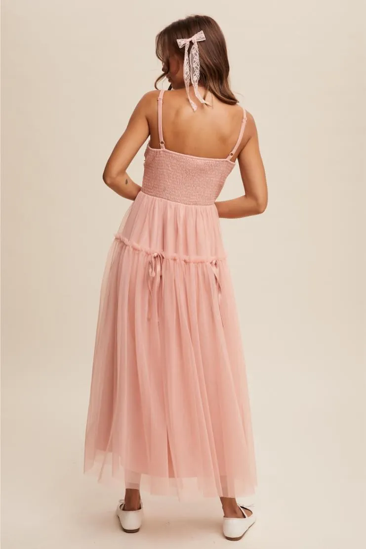 Aurelie Rose Pink Ruched Tulle Maxi Dress - Rose Pink