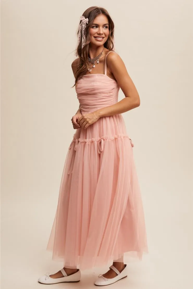Aurelie Rose Pink Ruched Tulle Maxi Dress - Rose Pink