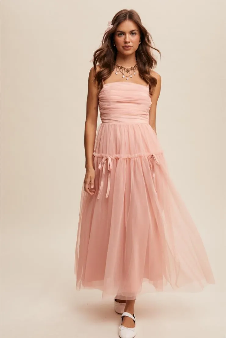 Aurelie Rose Pink Ruched Tulle Maxi Dress - Rose Pink