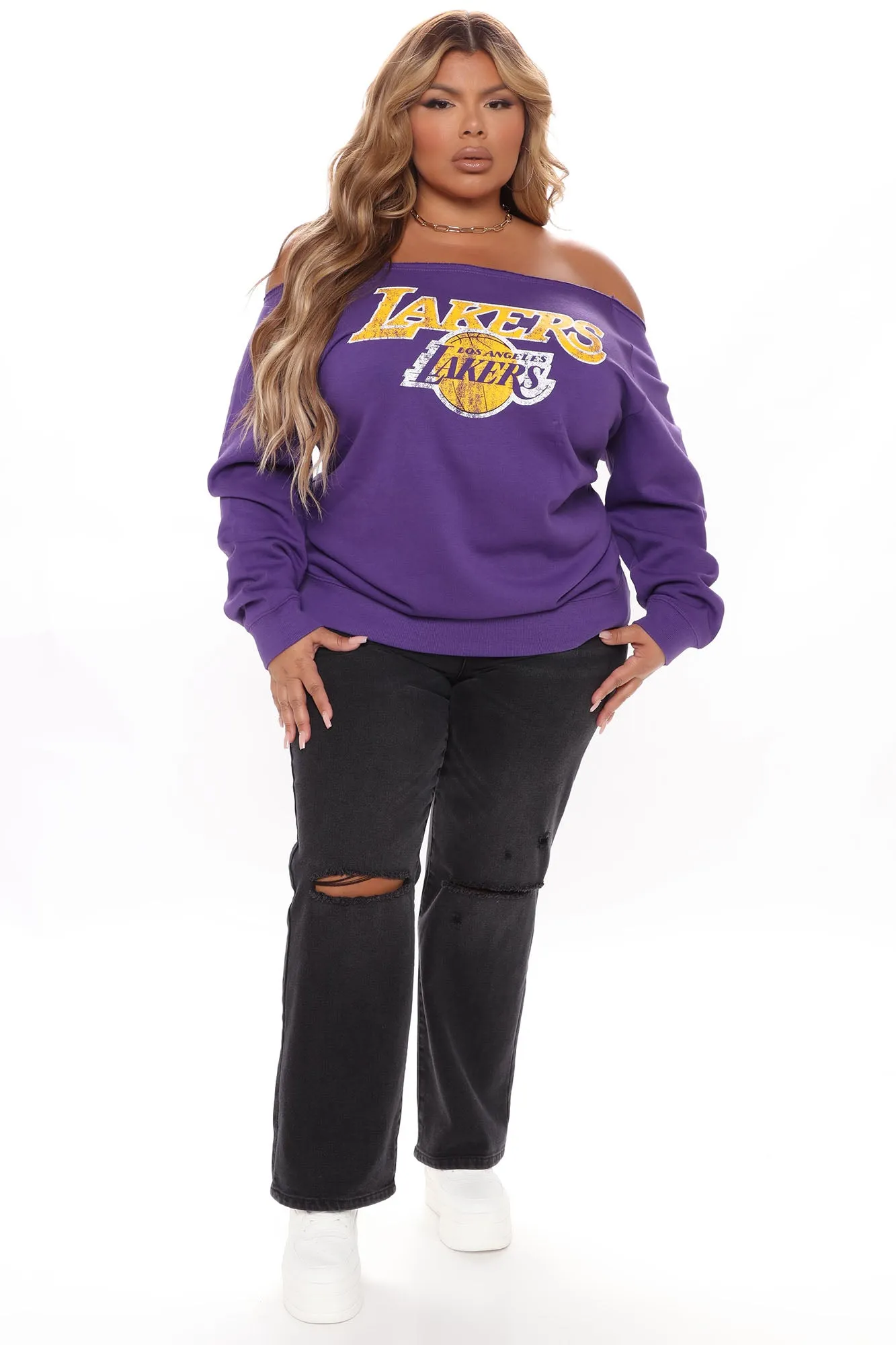 Beat The Buzzer Lakers Off Shoulder Sweatshirt - Purple