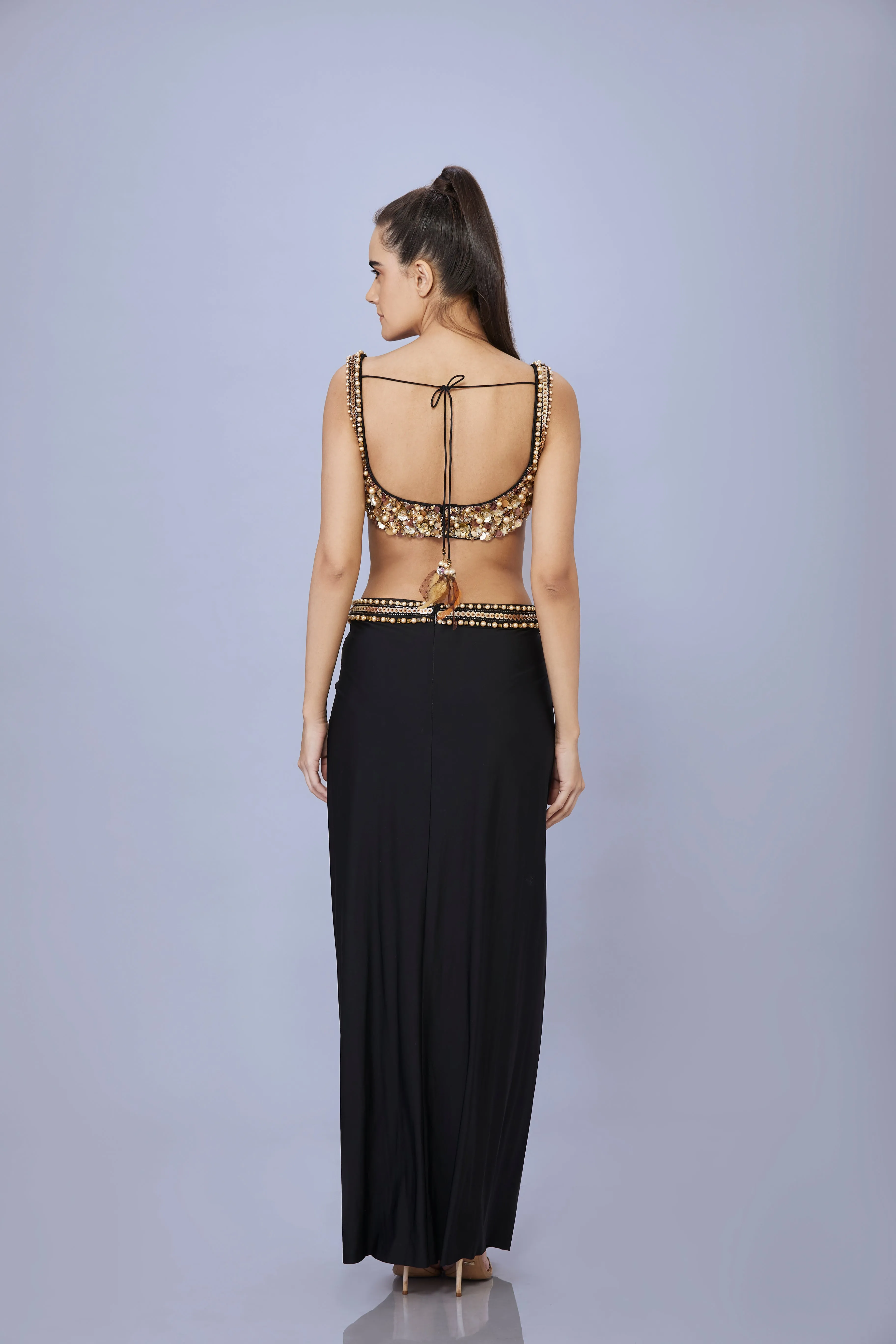 Black Draped Lycra skirt with embroidered waistband
