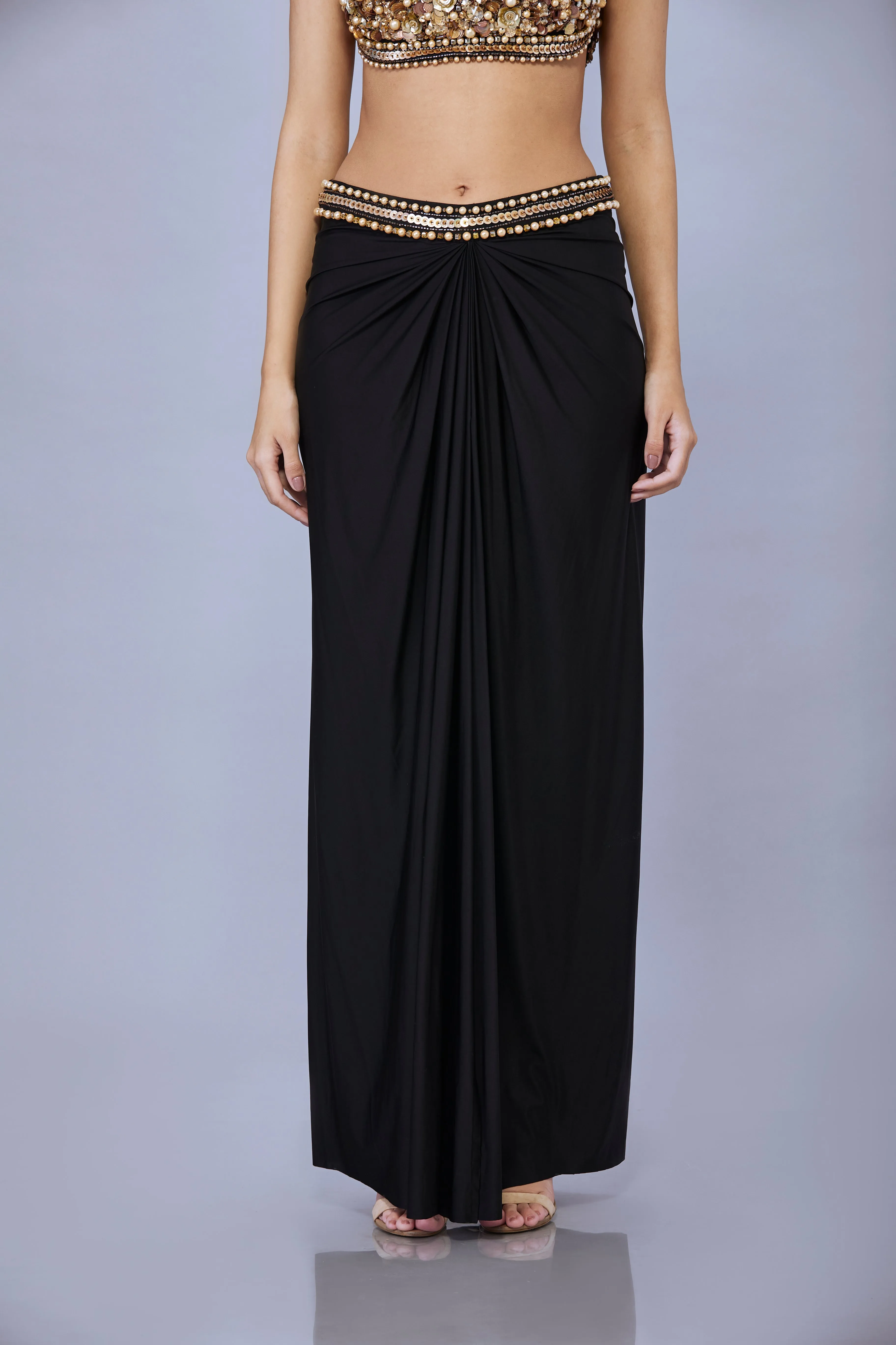 Black Draped Lycra skirt with embroidered waistband