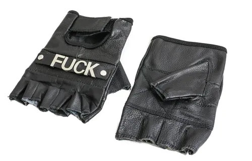 Black Leather Fingerless Gloves w/ "Fuck Off" Text