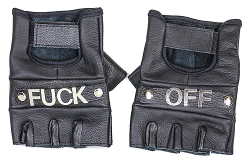 Black Leather Fingerless Gloves w/ "Fuck Off" Text