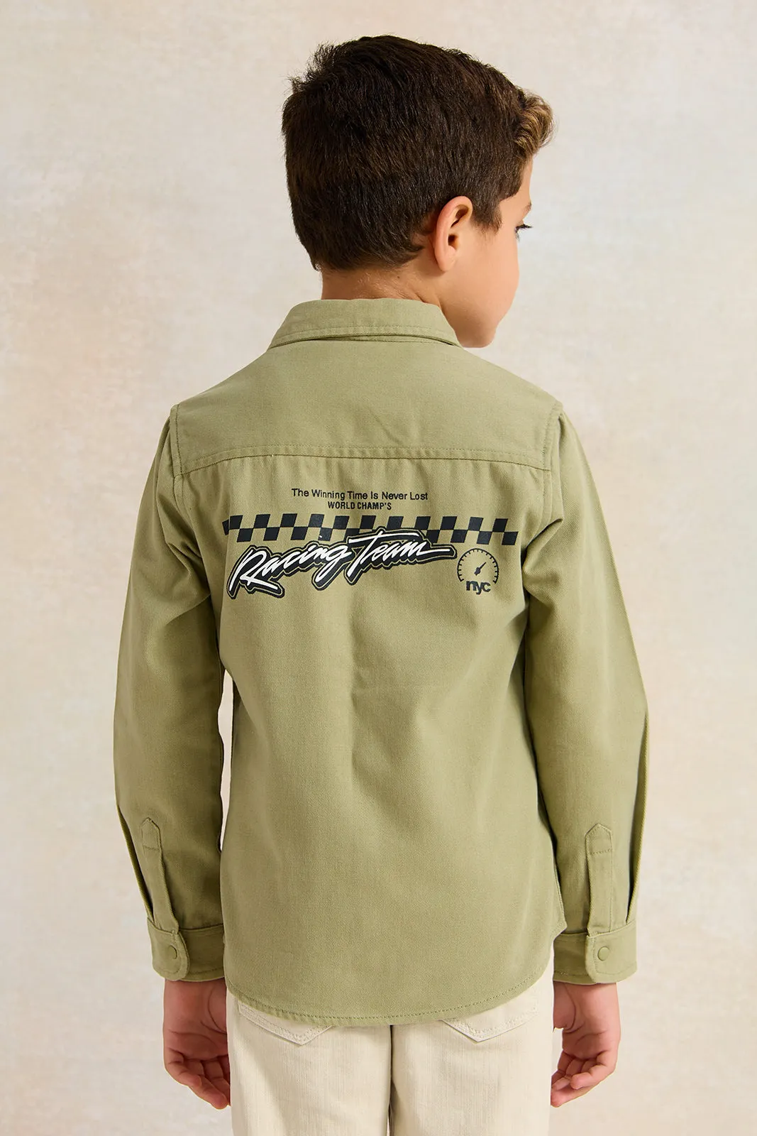 Boys Green Long Sleeve Printed Denim Shirt