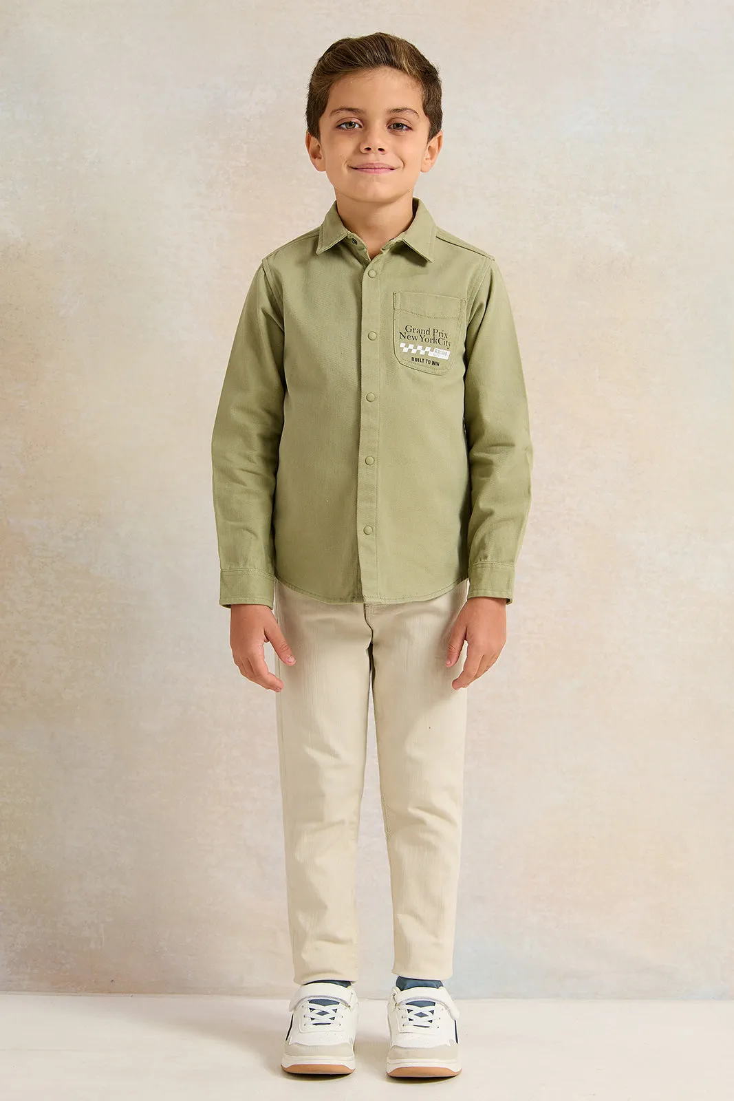Boys Green Long Sleeve Printed Denim Shirt