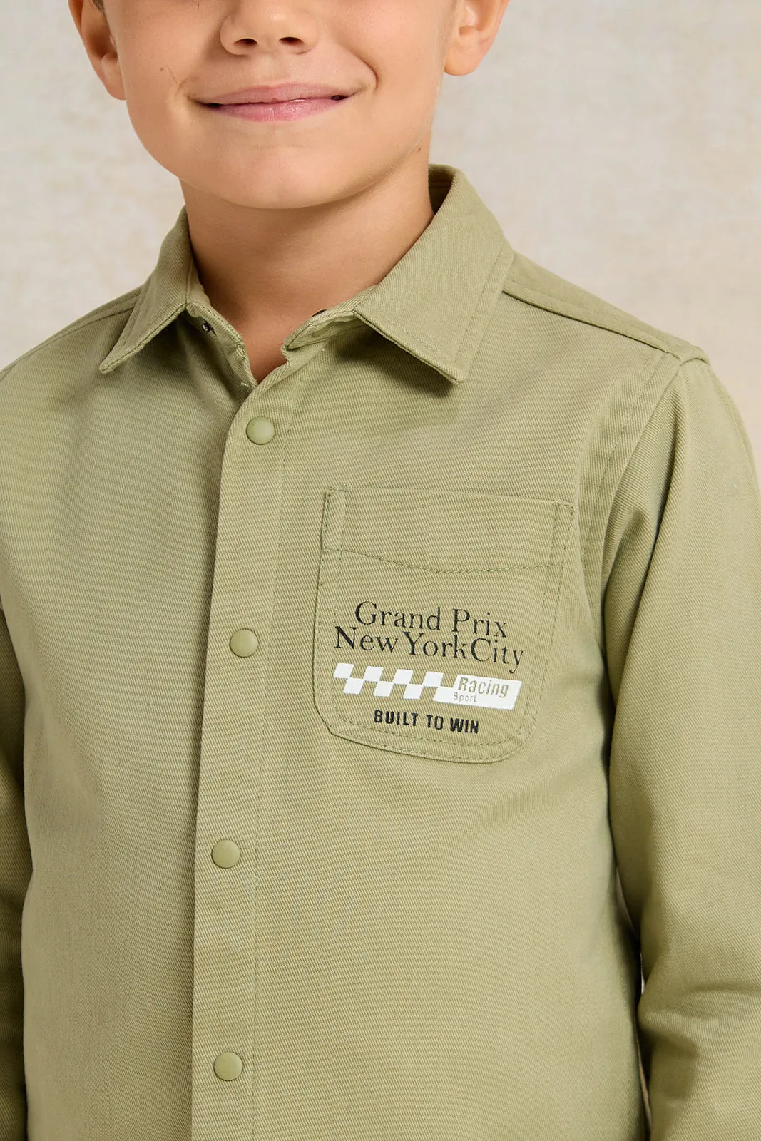 Boys Green Long Sleeve Printed Denim Shirt