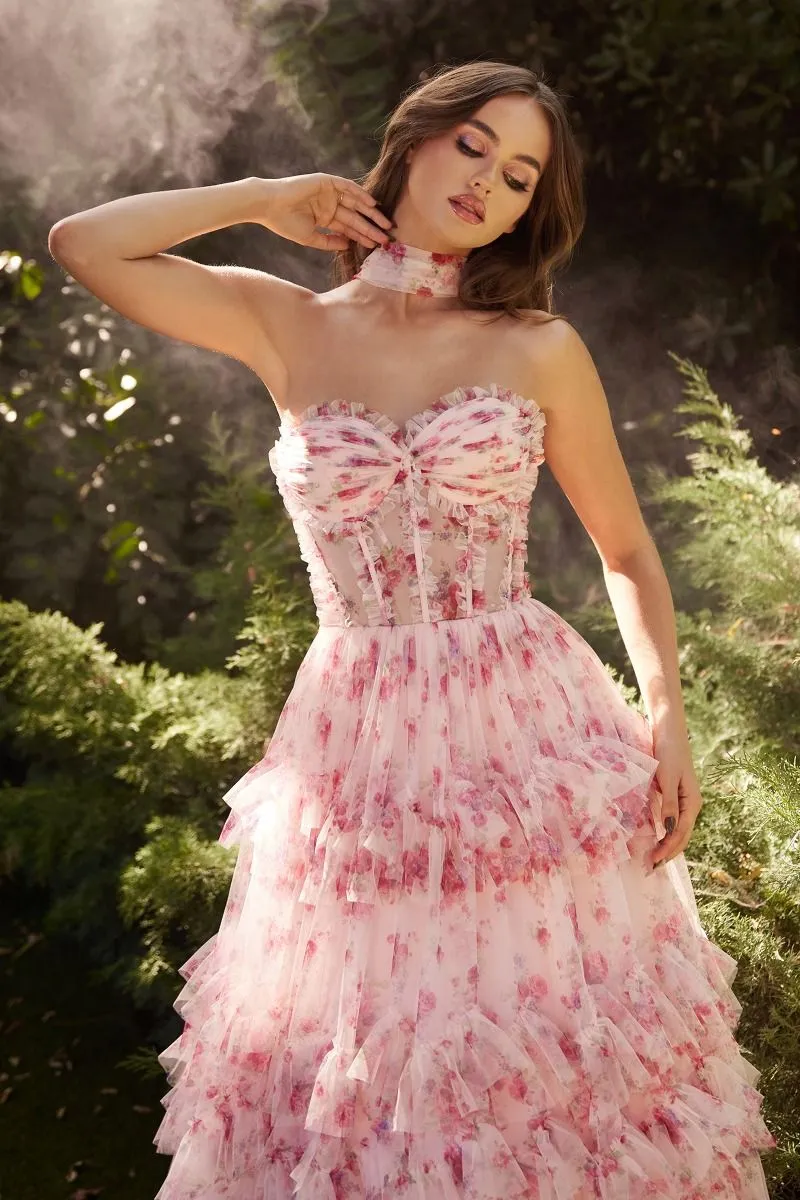 CD A1334 - Strapless Floral Print Ball Gown with Sheer Bodice & Tiered Skirt