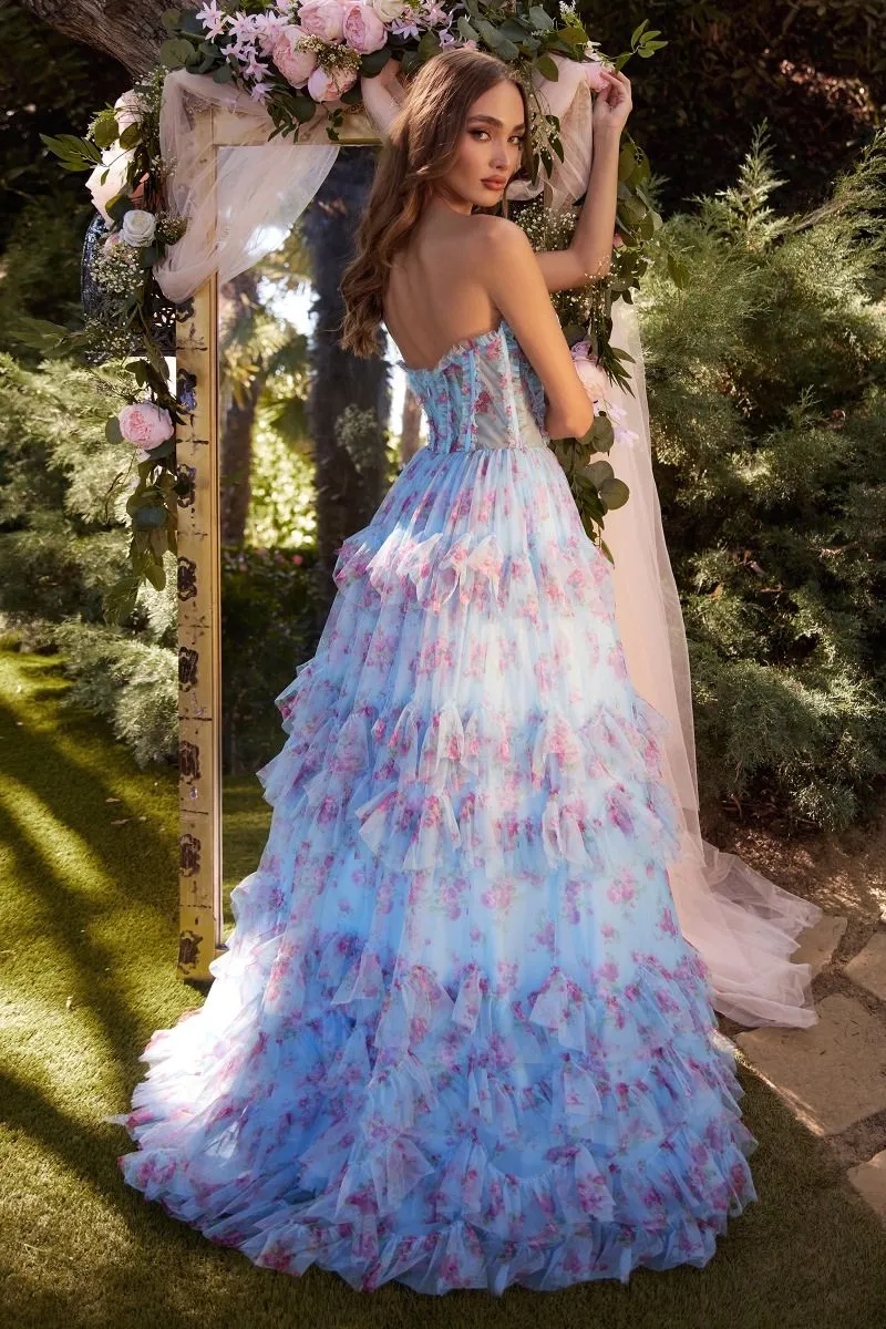 CD A1334 - Strapless Floral Print Ball Gown with Sheer Bodice & Tiered Skirt