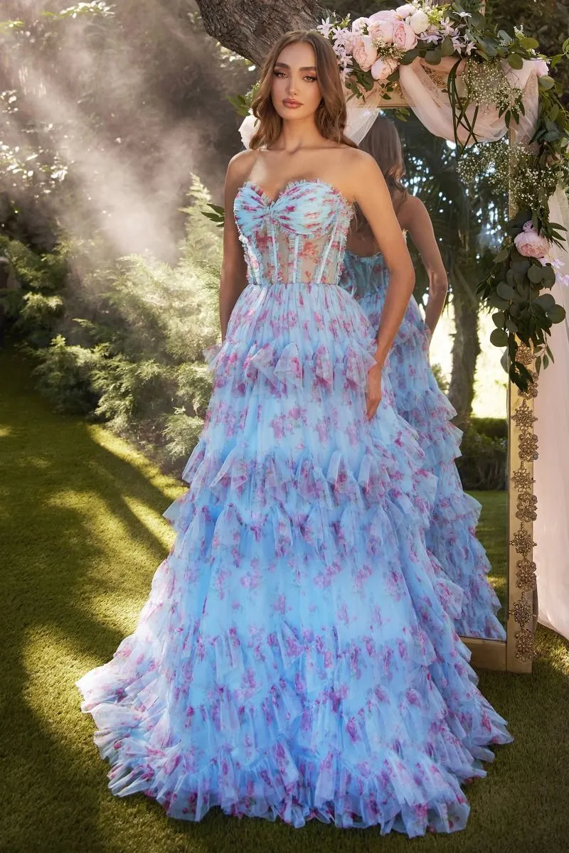 CD A1334 - Strapless Floral Print Ball Gown with Sheer Bodice & Tiered Skirt