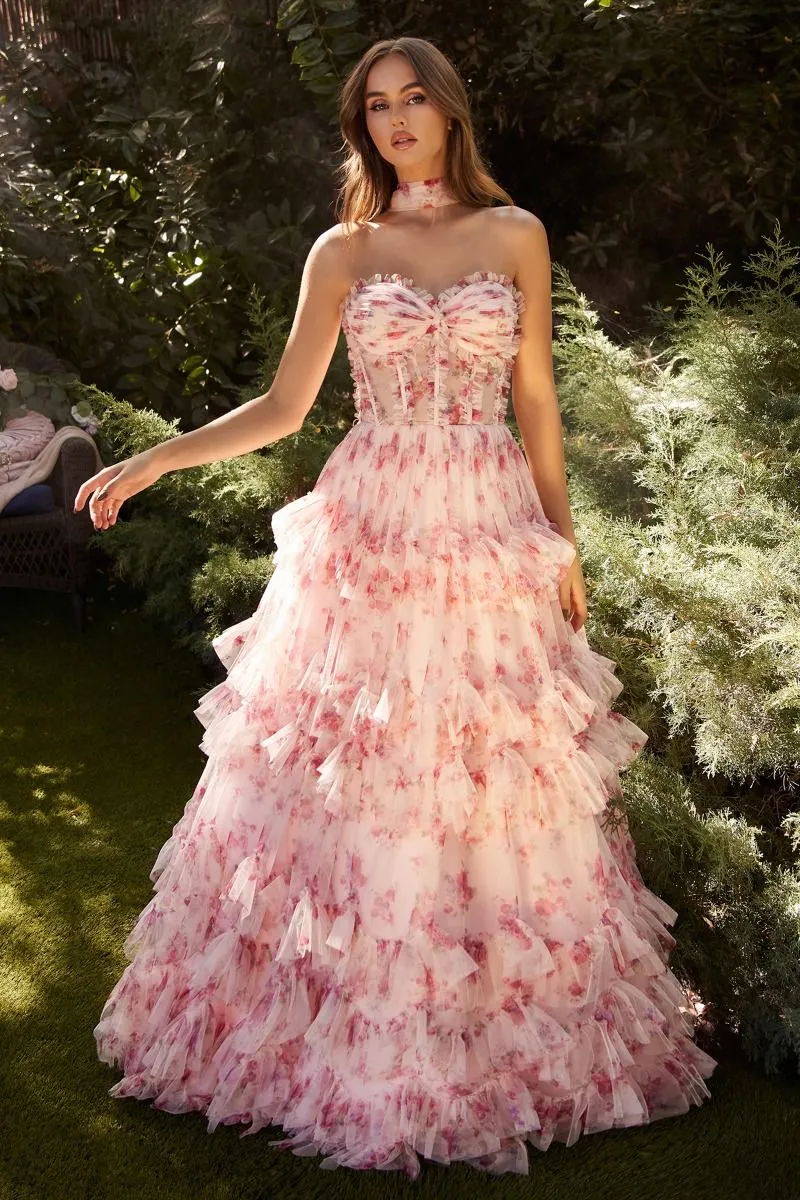 CD A1334 - Strapless Floral Print Ball Gown with Sheer Bodice & Tiered Skirt
