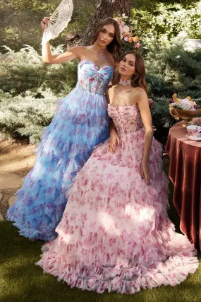 CD A1334 - Strapless Floral Print Ball Gown with Sheer Bodice & Tiered Skirt