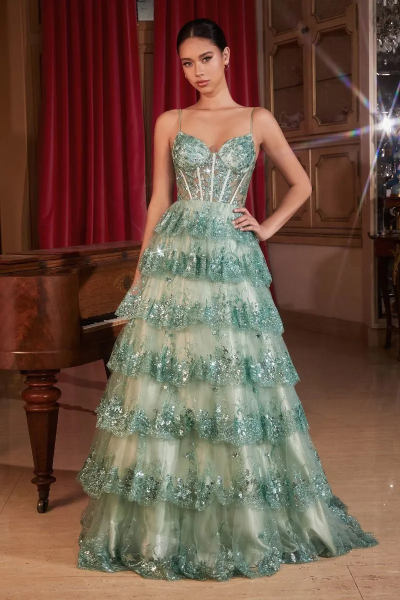 CD KV1108 - Sequin Ball Gown with Sheer Boned Corset Bodice & Layered Ruffle Skirt