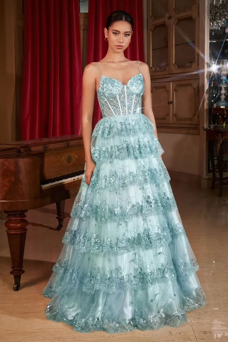 CD KV1108 - Sequin Ball Gown with Sheer Boned Corset Bodice & Layered Ruffle Skirt