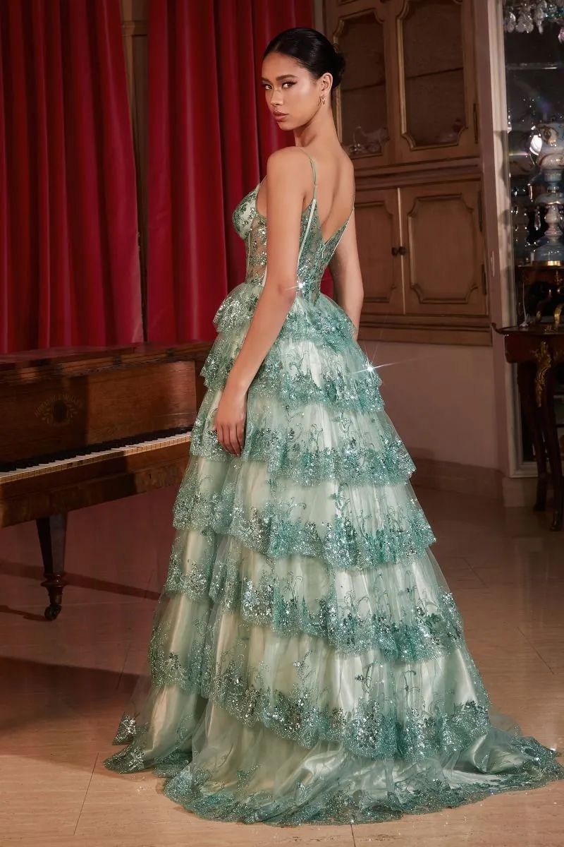 CD KV1108 - Sequin Ball Gown with Sheer Boned Corset Bodice & Layered Ruffle Skirt