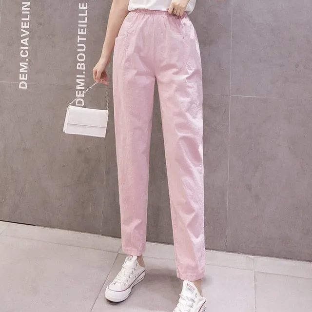 Cotton Linen Ankle Length Pants Women's Spring Summer Casual Trousers Pencil Casual Pants Striped Women's Trousers Green Pink