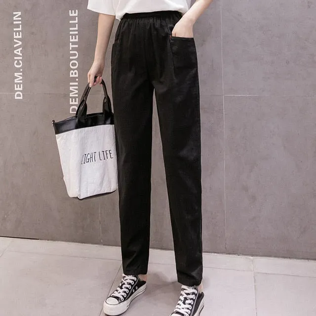 Cotton Linen Ankle Length Pants Women's Spring Summer Casual Trousers Pencil Casual Pants Striped Women's Trousers Green Pink