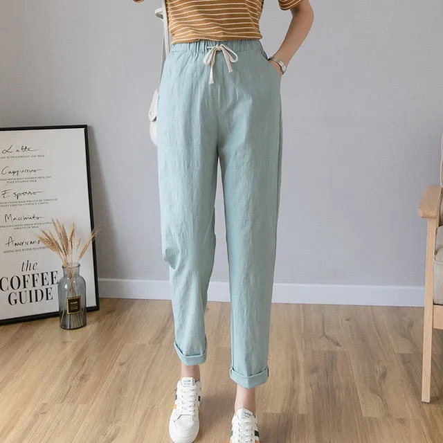 Cotton Linen Ankle Length Pants Women's Spring Summer Casual Trousers Pencil Casual Pants Striped Women's Trousers Green Pink
