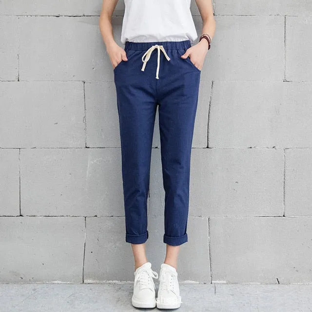 Cotton Linen Ankle Length Pants Women's Spring Summer Casual Trousers Pencil Casual Pants Striped Women's Trousers Green Pink