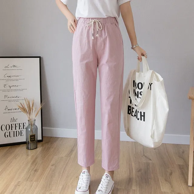 Cotton Linen Ankle Length Pants Women's Spring Summer Casual Trousers Pencil Casual Pants Striped Women's Trousers Green Pink