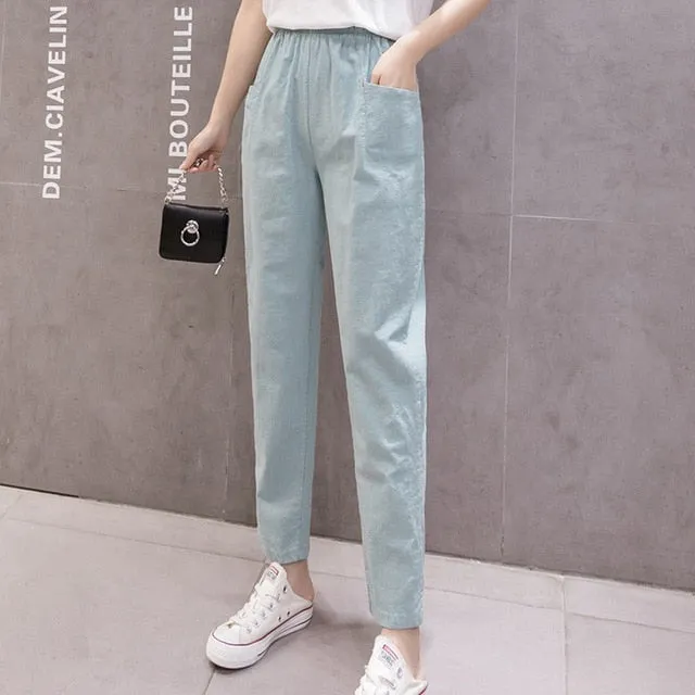 Cotton Linen Ankle Length Pants Women's Spring Summer Casual Trousers Pencil Casual Pants Striped Women's Trousers Green Pink