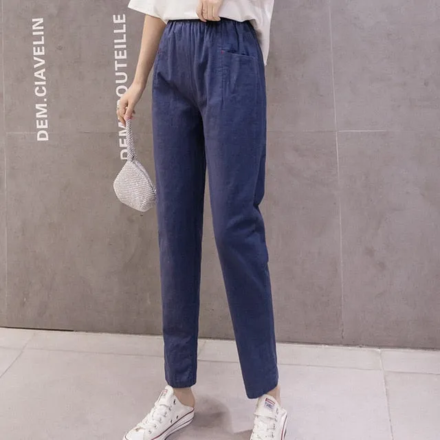Cotton Linen Ankle Length Pants Women's Spring Summer Casual Trousers Pencil Casual Pants Striped Women's Trousers Green Pink