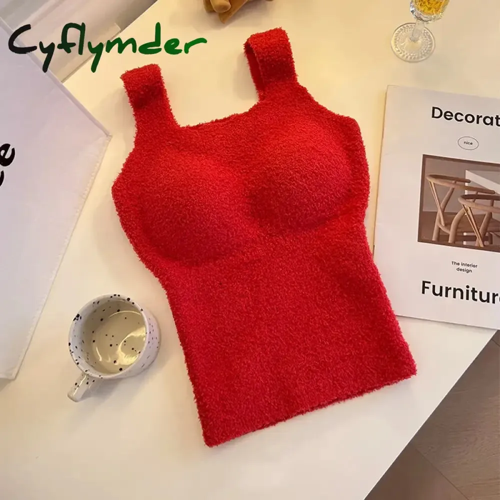 Cyflymder Solid Color Slim Fashion Soft Autumn Winter Women Undershirt Warm Vest with Bra Lambswool Thermal Underwear Bottoming Clothing