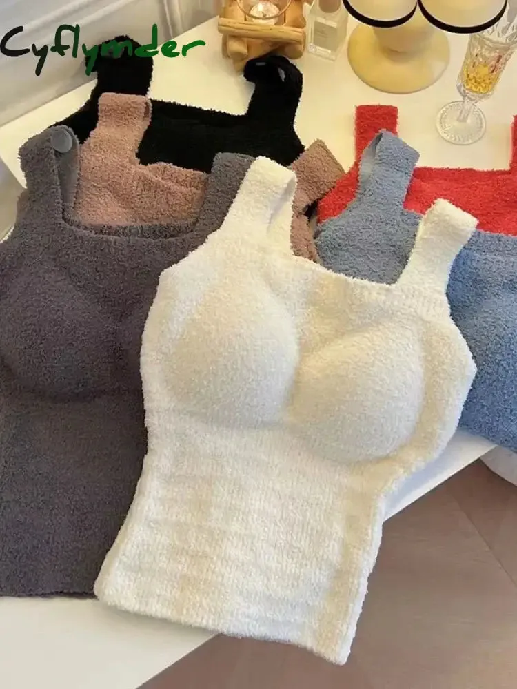 Cyflymder Solid Color Slim Fashion Soft Autumn Winter Women Undershirt Warm Vest with Bra Lambswool Thermal Underwear Bottoming Clothing