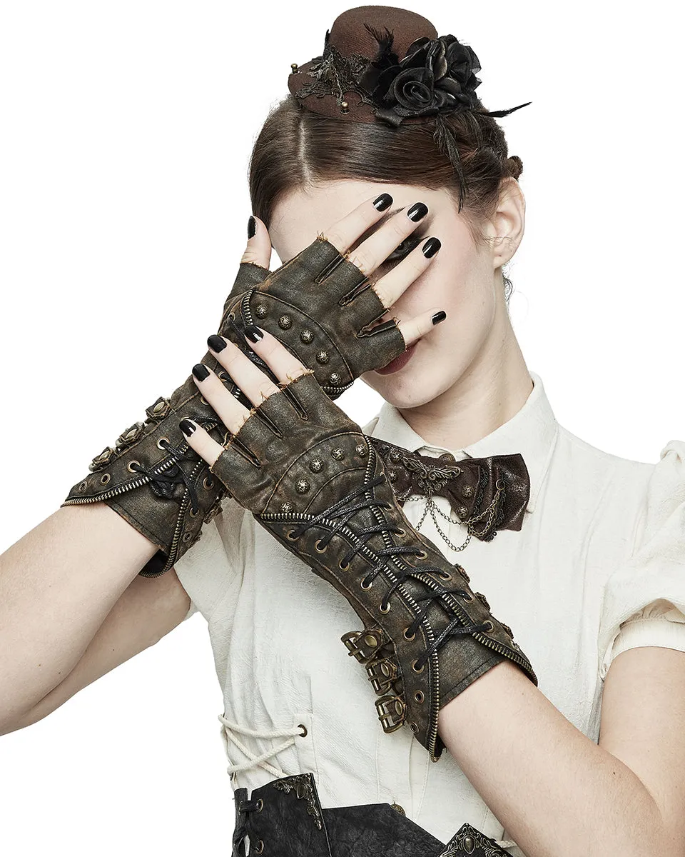 Devil Fashion Intrepid Steampunk Gauntlet Gloves - Brown