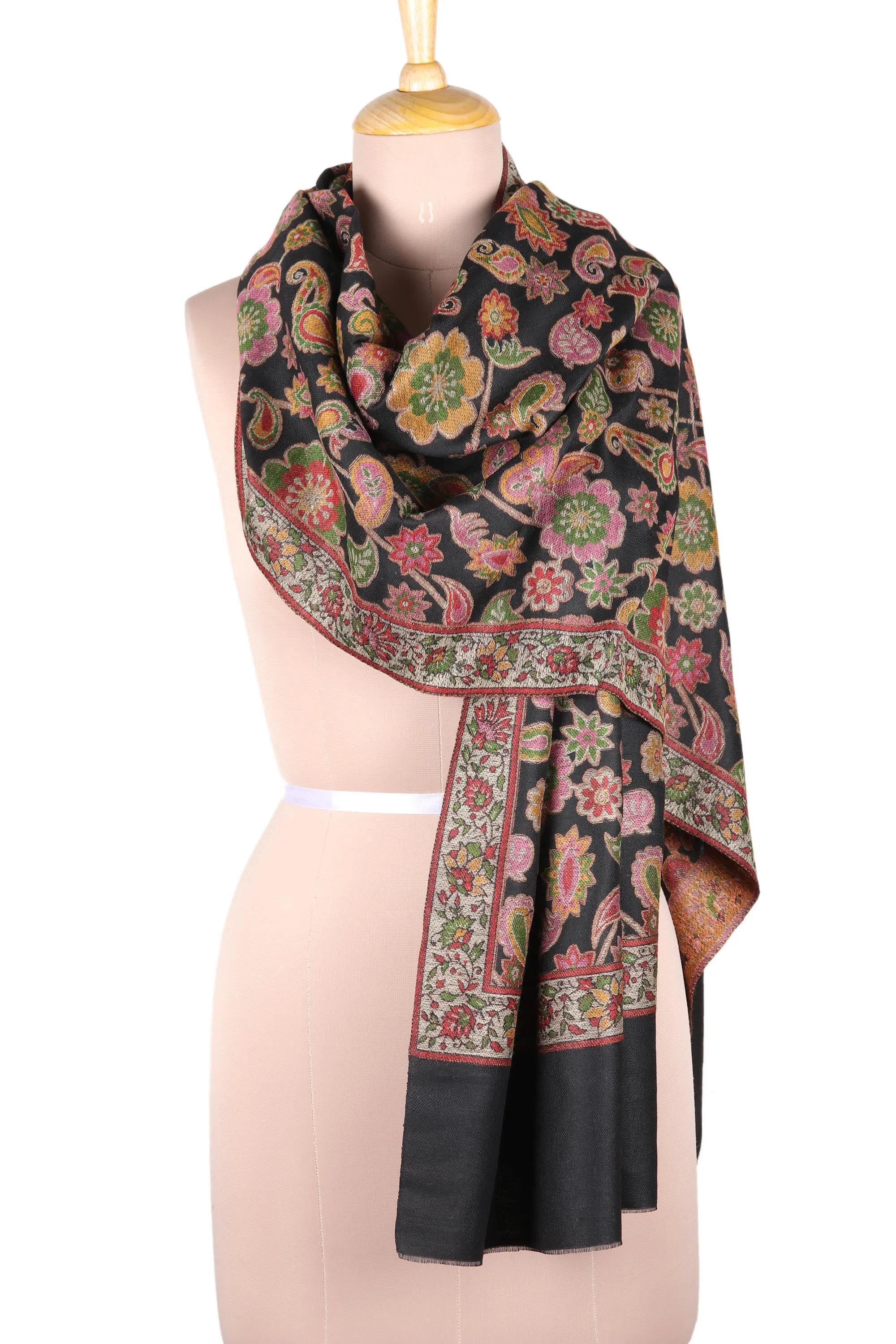 Floral Wool Shawl in Black from India - Midnight Posies | NOVICA