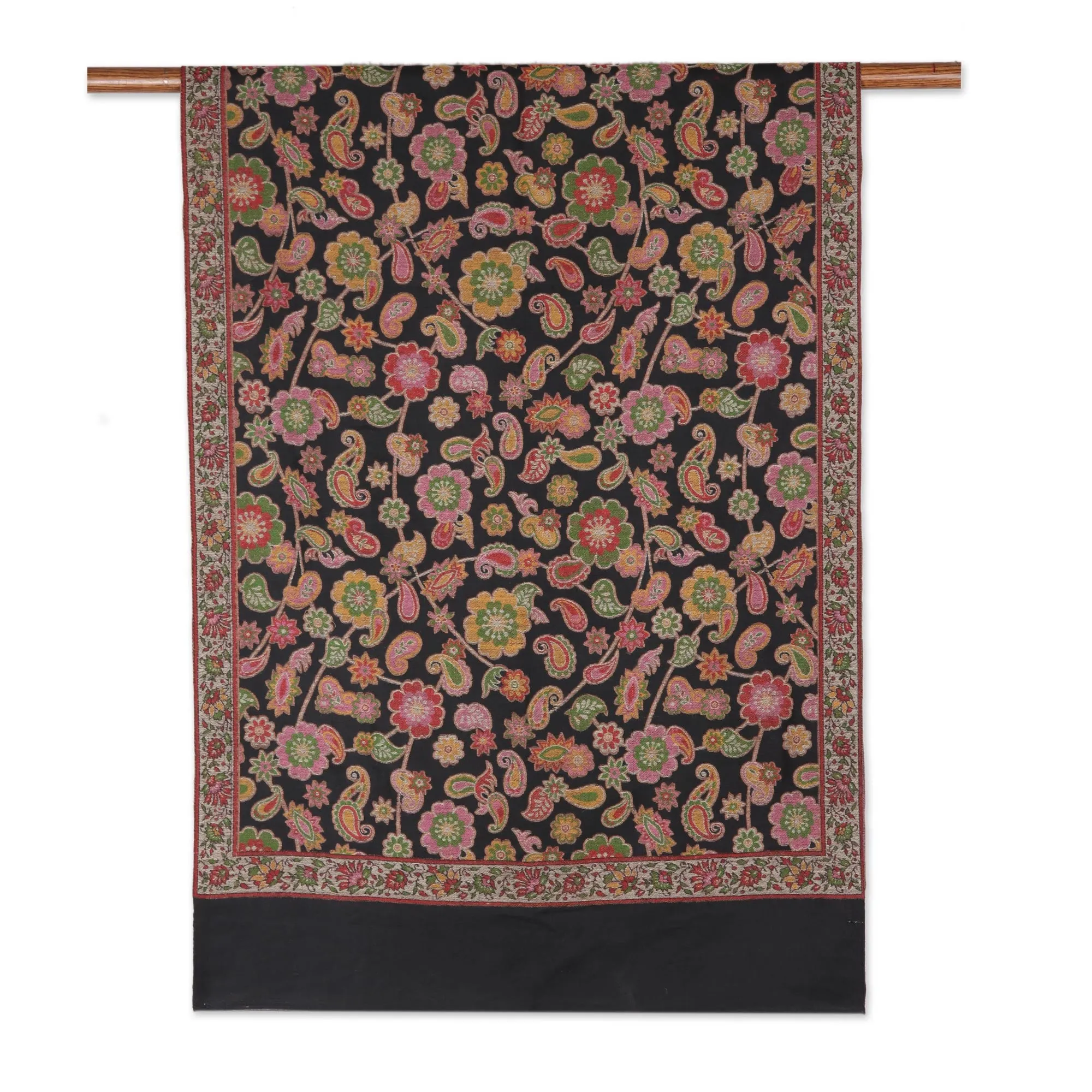 Floral Wool Shawl in Black from India - Midnight Posies | NOVICA