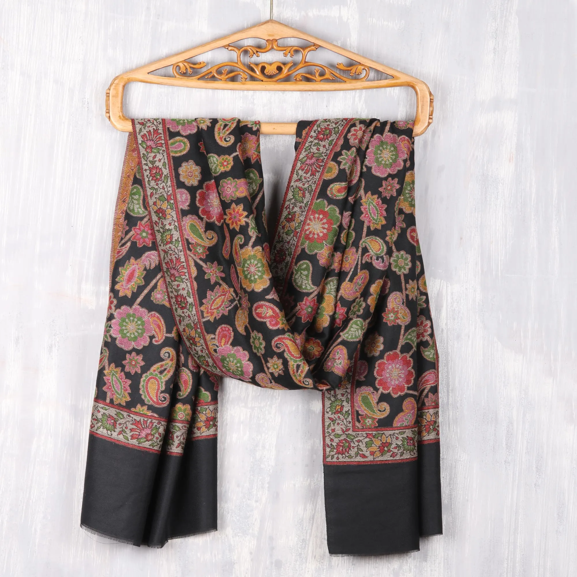 Floral Wool Shawl in Black from India - Midnight Posies | NOVICA